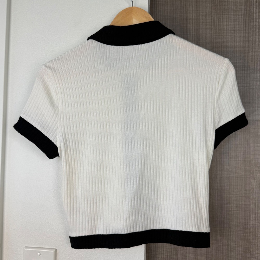Reformation White Black Aminara Knit Short Sleeve Top Old Money Size Large - Picture 10 of 14